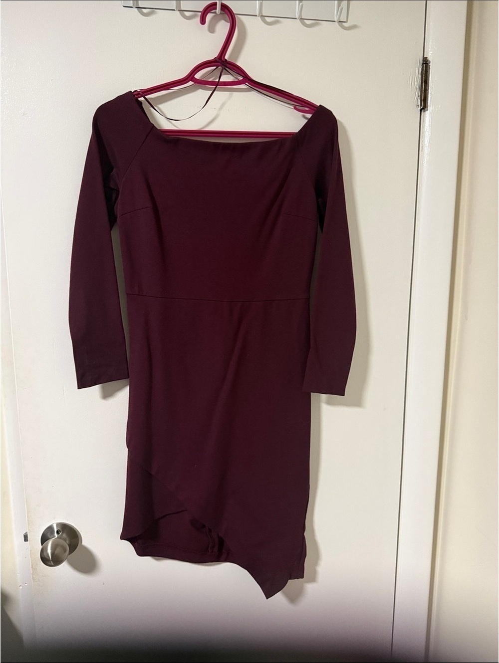 Dynamite Burgundy Long Sleeve Off-Shoulder Sheath Dress